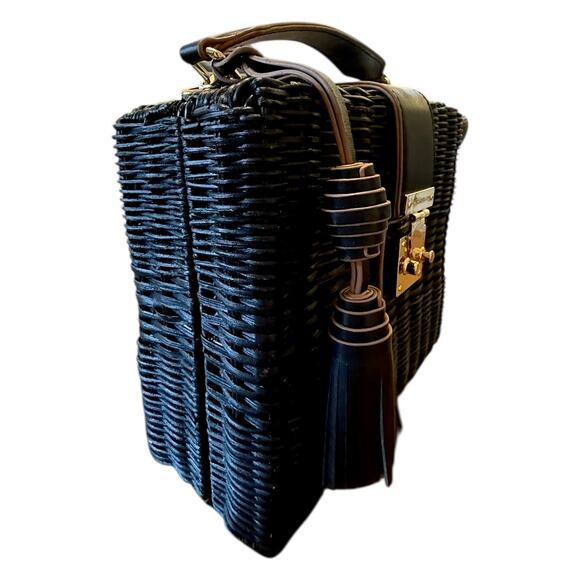 Spartina 449 Black Rattan Box Bag Leather Trim Gold Hardware Top Handle - Picture 6 of 16